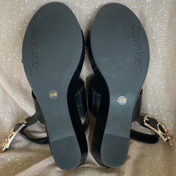Brand New Calvin Klein Platform Black & Gold Tone Ankle Strap Buckle Sandals - Picture 10 of 13
